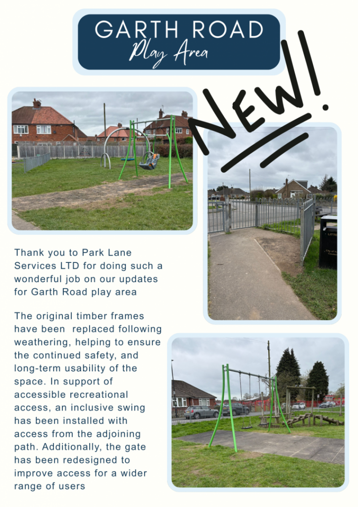 The background is light grey with dark blue text and pale blue borders around the images. At the top is a dark blue rounded banner with large white text reading:  “GARTH ROAD” “Play Area”  The word “NEW!” appears diagonally across the upper-ri